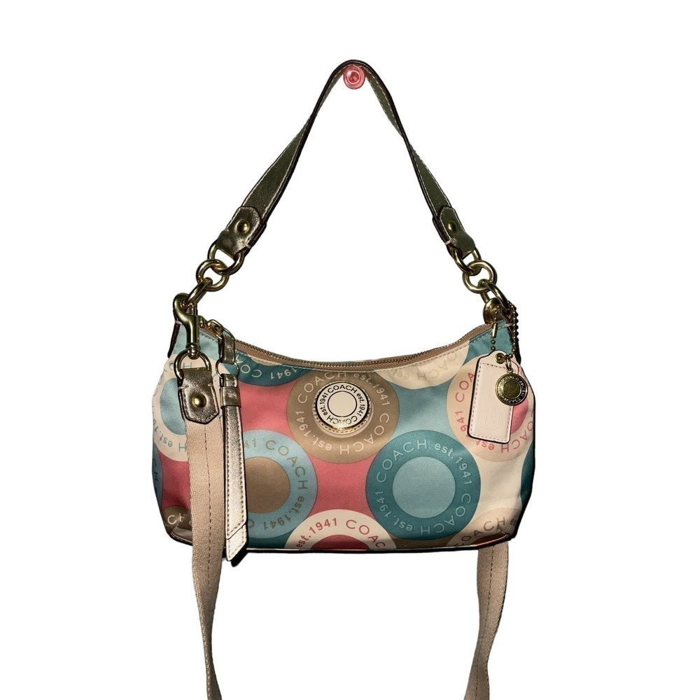 Coach Rare Snaphead Multicolor Satin Signature Print Leather Trim CrossBody Bag